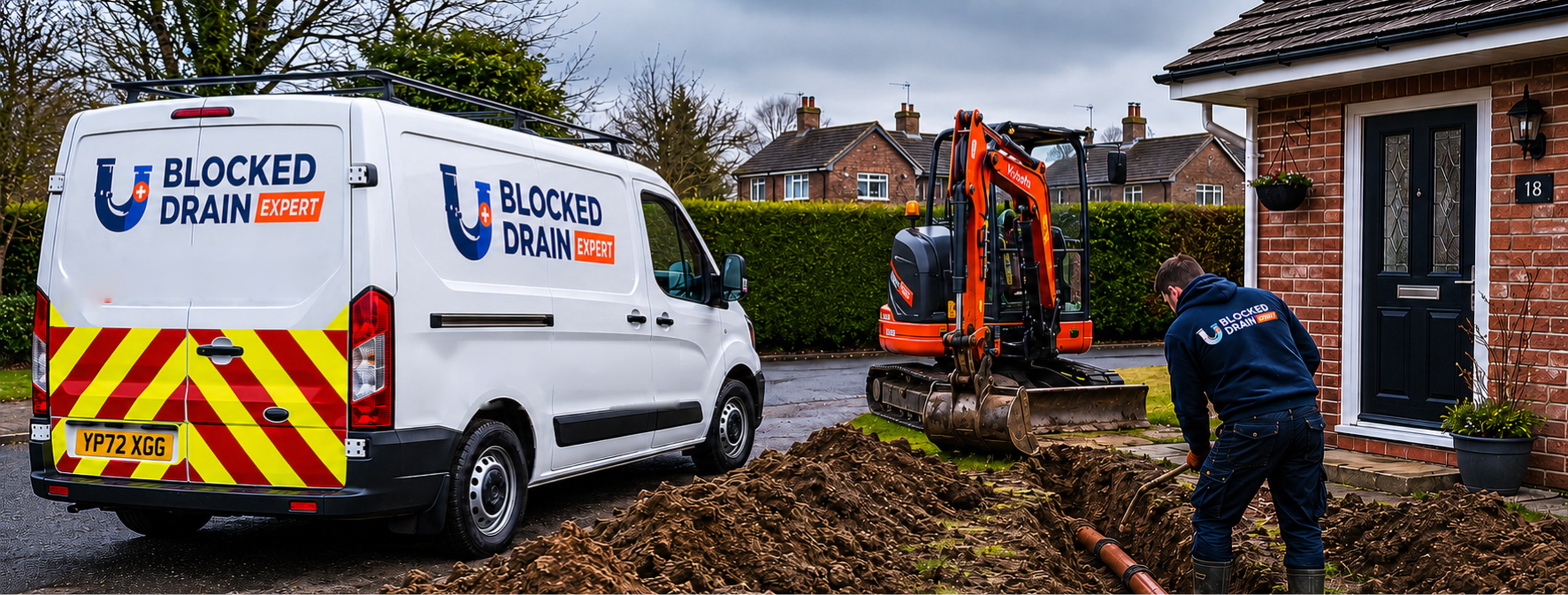Blocked Drain Expert engineer carrying out drainage work beside a branded van